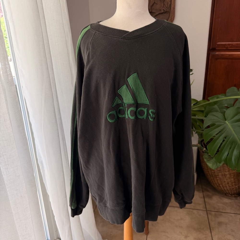 Vintage Adidas Crewneck Sweatshirt Black Green Logo XL Oversized